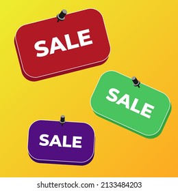 A combination of multi-colored cards attached to the wall with stationery buttons, a sales concept for stores with the inscription SALE on a yellow background. Illustration of the sales concept.