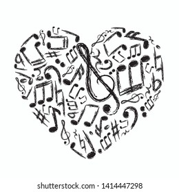 Combination of the music notes in the shape of the heart. Vector illustration of black music notes on white background