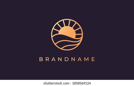 a combination of ocean wave and sun in a circle with a luxury gold shape suitable for use as a logo