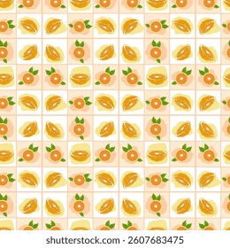 Combination of orange and colored square in one frame, seamless patterns for fabric, wrapping paper, fashion.