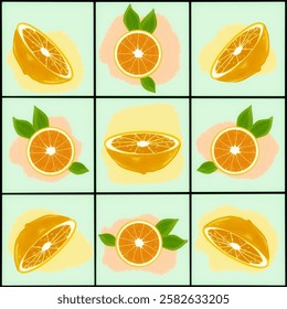Combination of orange and gingham motifs in one frame, patterns for fabric, wrapping paper, etc.