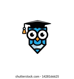 COMBINATION OF OWLS , PENCILS AND  UNDERGRADUATE HATS DESIGN VECTOR MASCOT LOGO