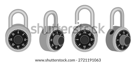 combination padlock open and close with different view, vector illustration isolated on white background.