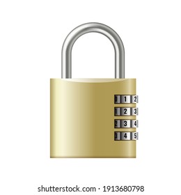 Combination padlock realistic closed on white background. Chrome steel lock template on code for guard and privacy. 3d Vector illustration