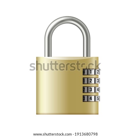 Combination padlock realistic closed on white background. Chrome steel lock template on code for guard and privacy. 3d Vector illustration