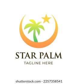 Combination of Palm tree, Moon, and Star Logo, Vector Logo Template