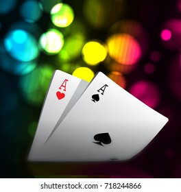 A combination of playing cards for casino. Two aces on bokeh background