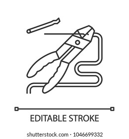 Combination pliers removing wire insulation linear icon. Thin line illustration. Contour symbol. Vector isolated outline drawing. Editable stroke