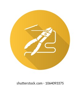 Combination pliers removing wire insulation flat linear long shadow icon. Vector outline symbol