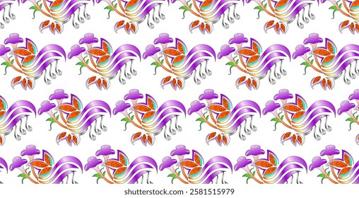 A combination of purple flowers and waves, intertwined with bursts of orange and hints of green leaves.