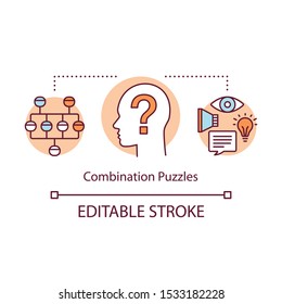 Combination puzzles concept icon. Strategy game solving algorithm idea thin line illustration. Different puzzle types synthesis. Problem solution. Vector isolated outline drawing. Editable stroke