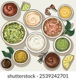 combination of realistic types of dips sauces ketchup salsa guacamole mayo bbq mustard fast food icon eating fried yummy american burger herb decorated isolated on white background