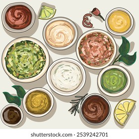 combination of realistic types of dips sauces ketchup salsa guacamole mayo bbq mustard fast food icon eating fried yummy american burger herb decorated isolated on white background