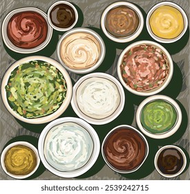 combination of realistic types of dips sauces ketchup salsa guacamole mayo bbq mustard fast food icon eating fried yummy american burger herb decorated isolated on grey stone background