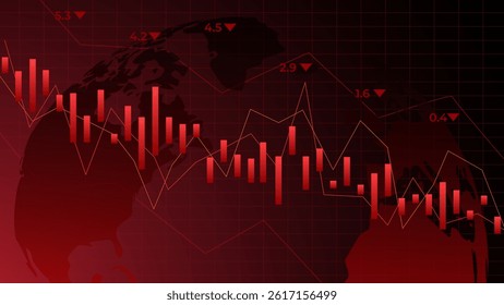 Combination of red graphs and numerical indicators portrays economic turmoil with global values falling sharply and trend lines diverging. Vector illustration. Concept of economic crisis.