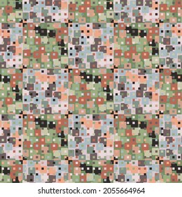 A combination of rounded squares. Green, brown, beige, pale lilac shades. Seamless texture. Editable.