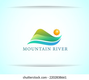 combination Sea Sun and mountain logo design illustration