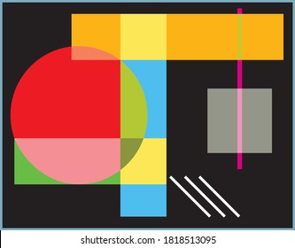 A combination of several intersecting geometric shapes with bright colors on a black background. Can be used for decoration design, wallpaper, cover, card