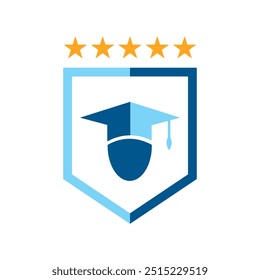 combinação de escudo e chapéu de graduação para a educação acadêmica logotipo erudito design vetor ilustração