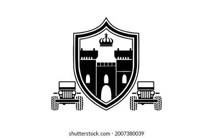 diseño de logotipo de icono de escudo combinado con color negro de la construcción del castillo