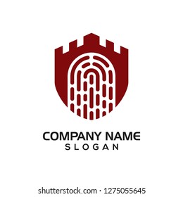 Combination of Shield, watchtower and abstract fingerprint for cyber security logo template.