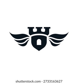 Combinación de escudos y torres aladas del castillo Vector del logotipo