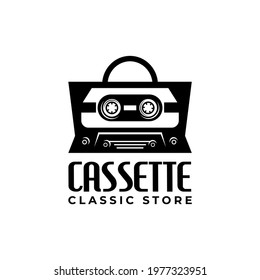 combination of a shopping bag and cassette. vintage cassette logo for retro music store.