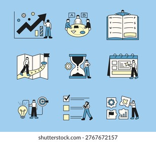 A combination of simple characters and massive business objects. A collection of business bundle illustrations.
