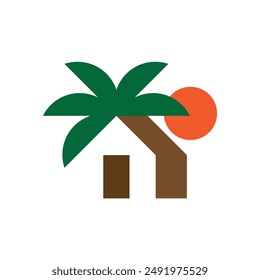 combination of simple houses between coconut trees and the sun logo vector