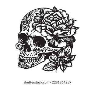 
combination of skull and flower, Art for a tattoo, t-shirt, print, t-shirt design, or graphic-related work