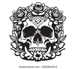 
combination of skull and flower, Art for a tattoo, t-shirt, print, t-shirt design, or graphic-related work