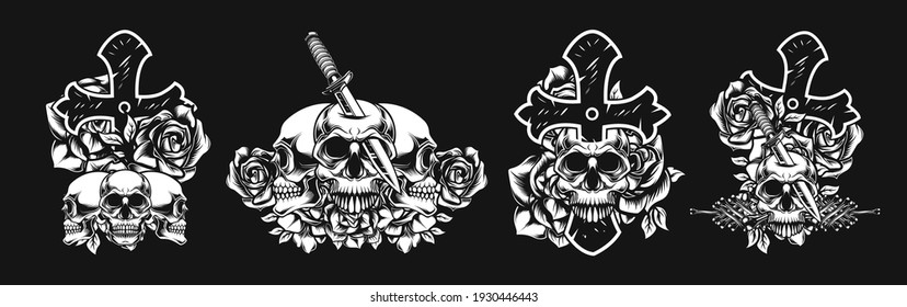 combination of skulls, black and white crosses. premium vektor 