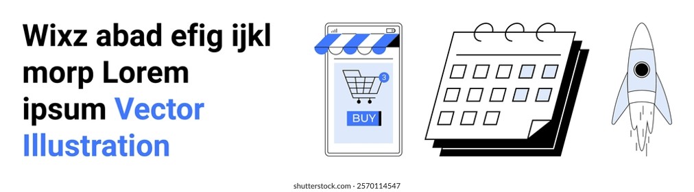 Combination of a smartphone with an online store checkout, a calendar, and a launching rocket. Ideal for e-commerce, productivity, scheduling, technology, and innovation. Banner for landing page