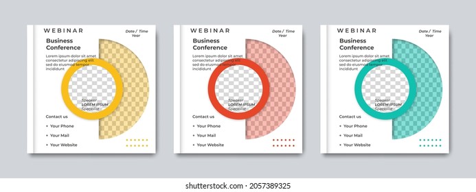 Combination of social media post template with yellow, orange and green colors. Suitable for webinars, seminars, marketing, flyer and other events.