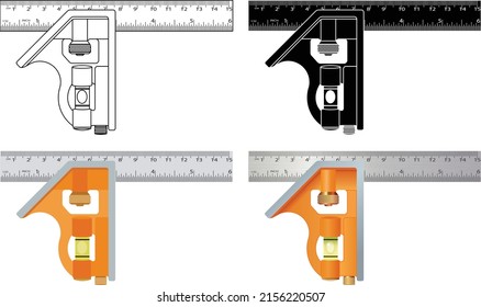 Combination square isolated vector on white background. It is used for ensuring the measuring of a 90 or 45 degree angle, measuring the center of a circular object and find the depth or distance.