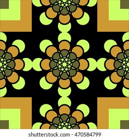 Combination of square and round shapes and symmetrical geometric figures setting imitating ancient tiles green and golden background black