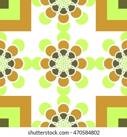 Combination of square and round shapes and symmetrical geometric figures setting imitating ancient tiles green and golden