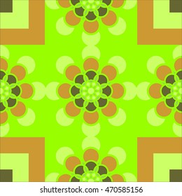 Combination of square and round shapes and symmetrical geometric figures setting imitating ancient tiles green and golden background light green