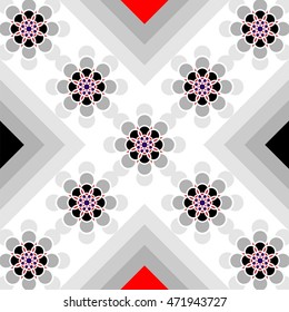 Combination of square and round shapes and symmetrical geometric figures setting imitating ancient tiles gray red and black