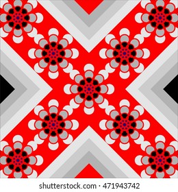 Combination of square and round shapes and symmetrical geometric figures setting imitating ancient tiles gray red and black background red