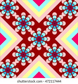 Combination of square and round shapes and symmetrical geometric figures setting imitating ancient tiles pale pink and yellow background dark red