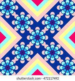 Combination of square and round shapes and symmetrical geometric figures setting imitating ancient tiles pale pink and yellow background dark blue