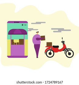 a combination of stalls and cellphones. illustration of online shopping