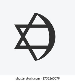 Combination of Star of David with Crescent religious symbols. Harmony of two monotheistic religions concept symbolizes equality, hope, religious freedom and acceptance of the other. Flat design icon.