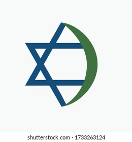 Combination of Star of David with Crescent religious symbols. Harmony of two monotheistic religions concept symbolizes equality, hope, religious freedom and acceptance of the other. Flat design icon.