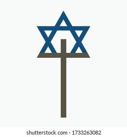 Combination of Star of David with Cross religious symbols. Harmony of two monotheistic religions concept symbolizes equality, hope, religious freedom and acceptance of the other. Flat design icon.