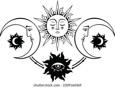 Combination of sun with face, moon with face astrology design.