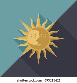 Combination of sun, moon and star with face, icon for use as day and night or equinox, flat design