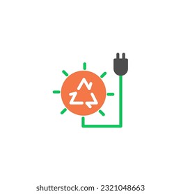 Combination sun and plug with cycle. Vector solid color icon green and orange with green eco energy theme