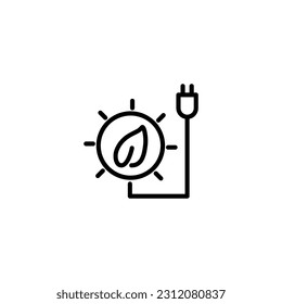 Combinación del sol y el tapón con la naturaleza de la hoja. Icono de línea de vector blanco y negro con tema de energía ecológica verde